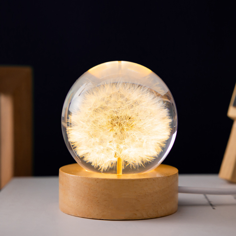LED Night Light Flower Crystal Ball Children Night Lamp With Woodern